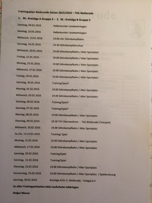 Trainingsplan Rückrunde 1. und 2. Mannschaft