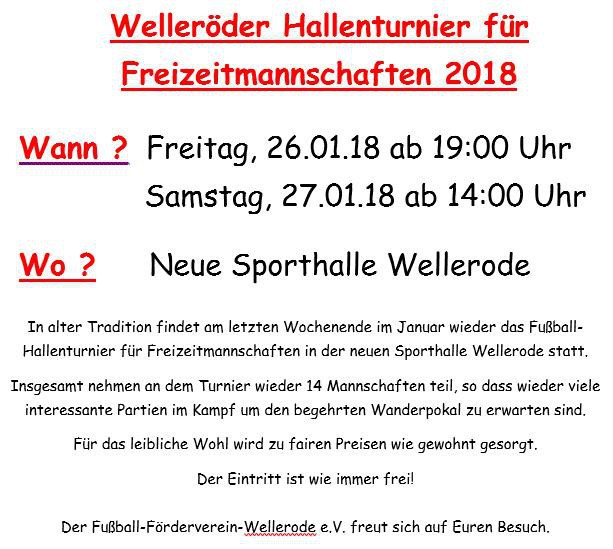 Freizeithallenturnier am  26.+27.01.18 --> Spielplan + Infos