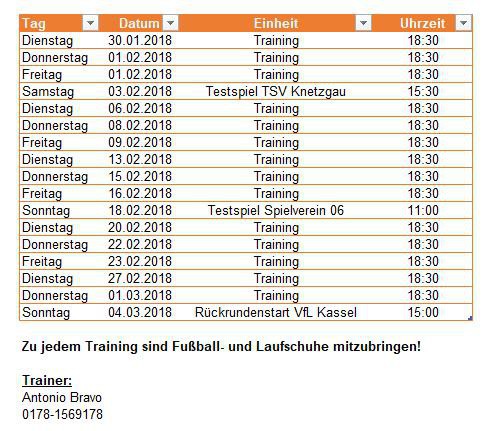 Trainingsplan Senioren Rückrunde 2018